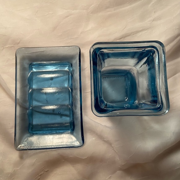Blue Glass Vase and Trinket Soap Dish SET  lot blue art glass vintage - Picture 2 of 12